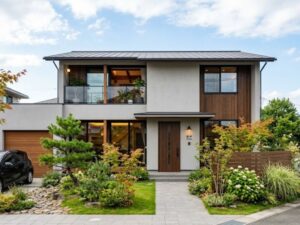 ライトグレー×木目調のツートンカラー住宅